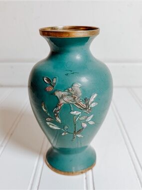 Vintage Green Blue Enamel Brass Cloisonné Mother of Pearl Vase | Mini Vase